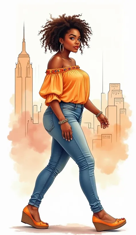  fashion illustration, side view, full body portrait of a gorgeous voluputous big busted african american young woman walking,  light brown skin, freckles, full natural color lips, generous mouth,  colorful short curly half hair,  sheer tight leggins, legs...