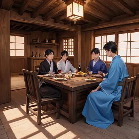  Lined with wooden planks ， An ancient Chinese house ， overlaps a house ，Piled high，Lone Arm Man ， wearing washed blue cloth robes， Cheekbone High ， Four people sitting on a wine rack 。 A house behind a large wine barrel ， Four people sitting on a wine tro...