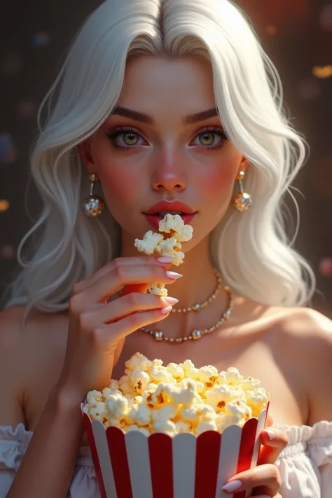 Sexy white-haired female characters eating a popcorn bucket 