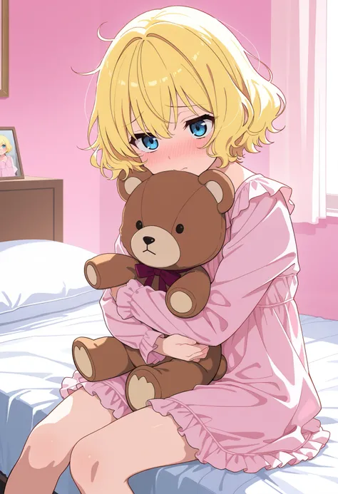 masterpiece, best quality, score_9, score_8_up, score_7_up, score_6_up, score_5_up, score_4_up, source_anime, 1boy, femboy, wavy hair, messy short cut, blonde hair, blue eyes, wearing pink nightgown, hugging teddy bear, blushing, sitting on bed, cute teena...