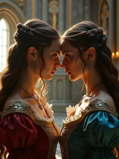 Two beautiful medieval women in their 20s, looking at each other with horrified expressions on their faces, dressed in medieval clothing, the background is a medieval castle, high detail in the shape, cinematic style