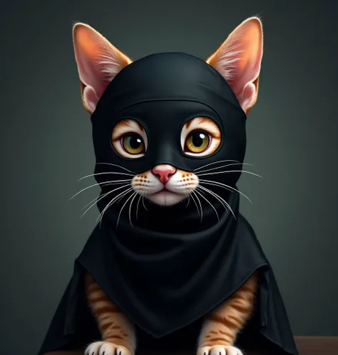 A humorous and mischievous cat wearing a sleek black balaclava, sitting confidently like a master thief plotting their next heist. The cat should look stylish yet comical, with piercing eyes that convey both playfulness and cunning. The background is simpl...