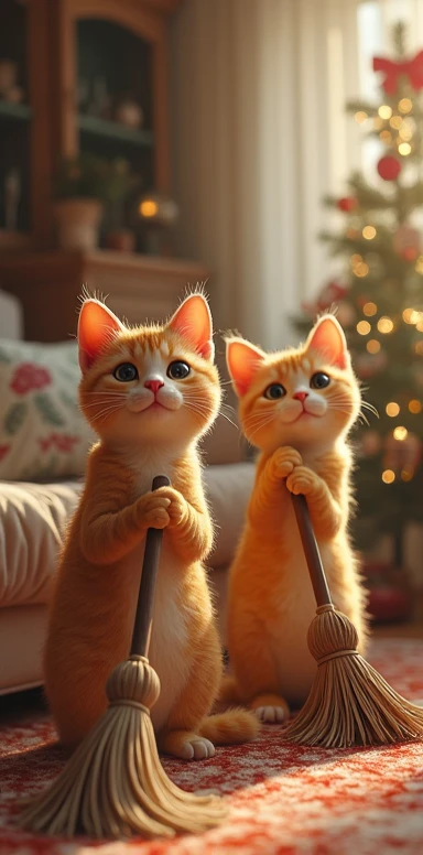  2 cats clean up the apartment, broom in hand , Living room,  Christmas , Sweet, wheed Symbol, smoky,  Christmassy ,  high resolution ,  masterpiece, Exactly,  Anatomically correct,  Multiple awards ,  best quality,  super detailed, 