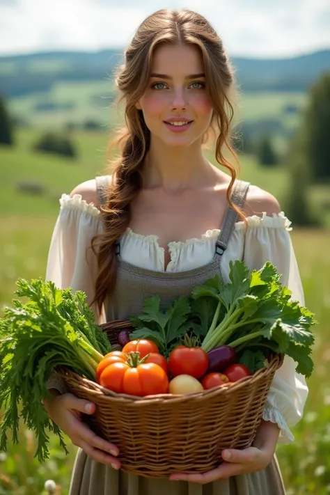 Draw a photo of a beautiful girl of Slavic appearance with a basket of vegetables 