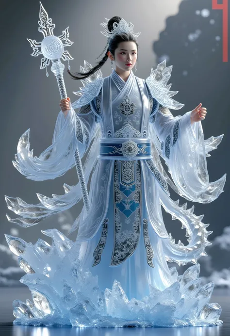 (ice sculpture, martial arts, traditional Chinese style),(best quality,4k,8k,highres,masterpiece:1.2),ultra-detailed,(realistic,photorealistic,photo-realistic:1.37),ancient Chinese warrior,heroic pose,dynamic action,traditional Chinese clothing,snowy lands...