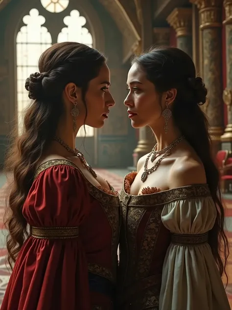 Two beautiful medieval women in their 20s, looking at each other with horrified expressions on their faces, dressed in medieval clothing, the background is a medieval castle, high detail in the shape, cinematic style