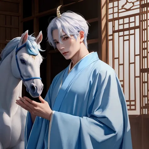  An ancient unicorn in the East ， 40 years old wearing a washed and bleached blue cloth teaching robe， Cheekbone High ，A pair of eyes Jiujo is a god 