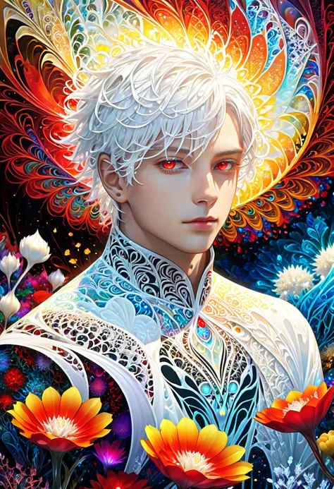 Realistic, (Masterpiece, Top Quality, Best Quality, Official Art, Beauty and Aesthetics: 1.2), Very Detailed, Fractal Art, Colorful, Most Detailed, Zentangle, (Abstract Background: 1.5) (1boy: 1.3), God, White Hair, Short Hair, (Glowing Red Eyes), Mysterio...