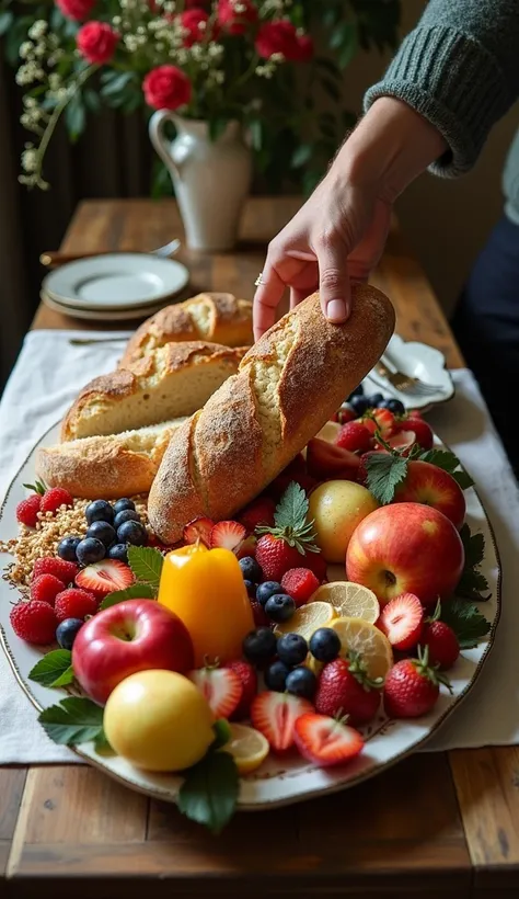 A table with two halves sharply divided: one side only contains a single loaf of bread, and the other side is richly adorned with fruits, bread, and flowers. A hand reaches for the side where there is only bread.