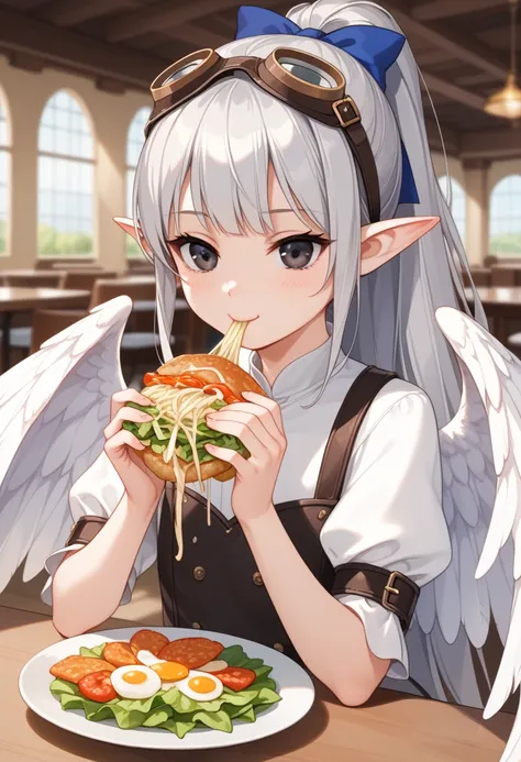  girl eating fried chicken　(one girl,　Featherfolk　Big white wings　Two wings　 pointed ears　 Silver Hair　 dark eyes　Goggles on the eyes　 ponytail　 long hair　Archers clothes　160cm　 slender 　 flat chested)　Medieval diner 　Salad and pasta set 　 fantasy world　an...