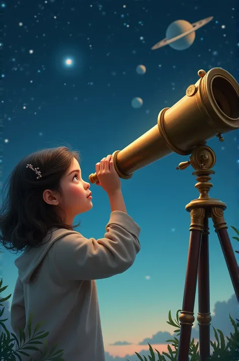 Make me a  girl looking at the planets through a telescope 