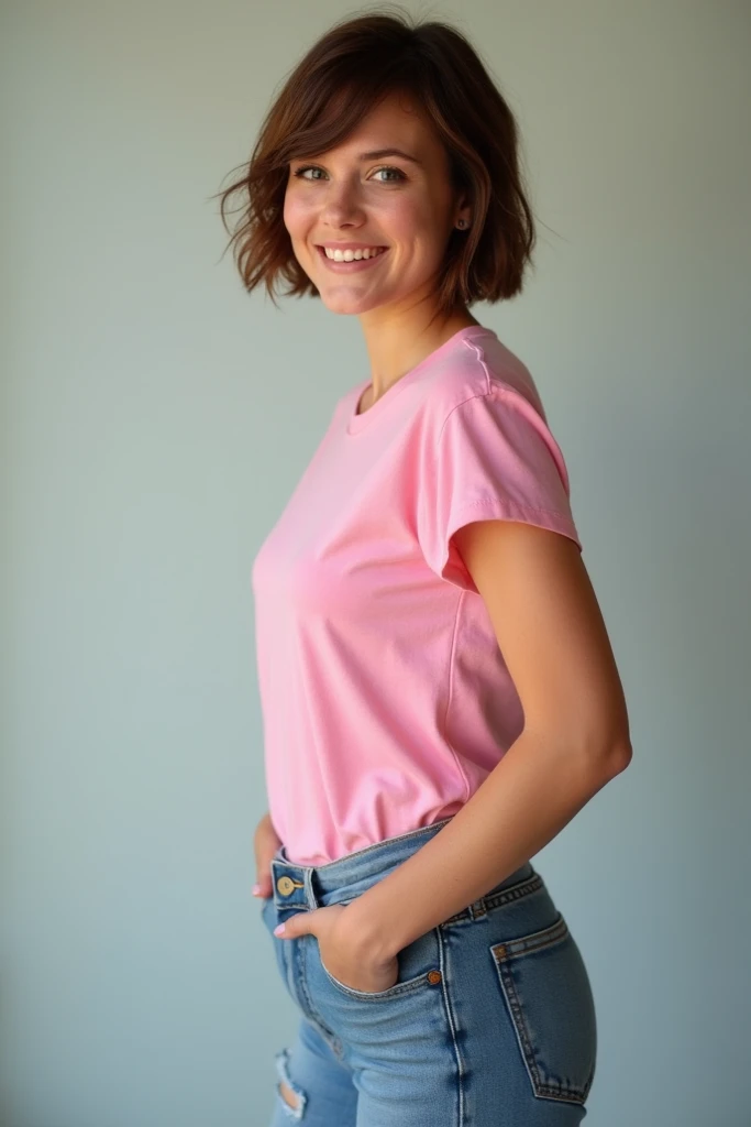 Background of a  with short brown hair wearing a pink t-shirt and jeans doing a very nice pose
