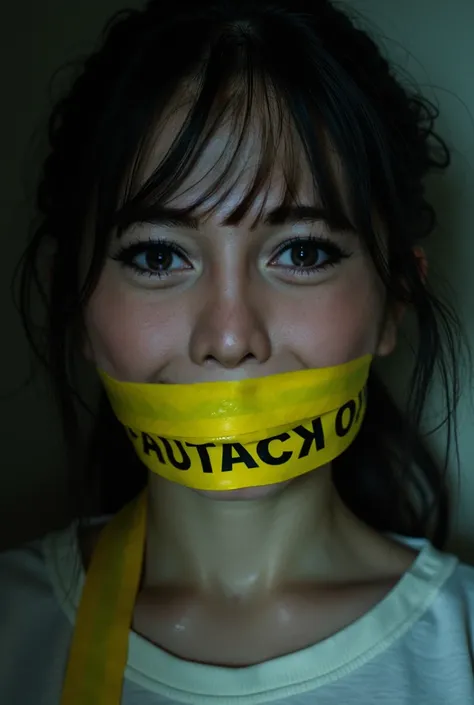 girl yellow tape gagged , sweat