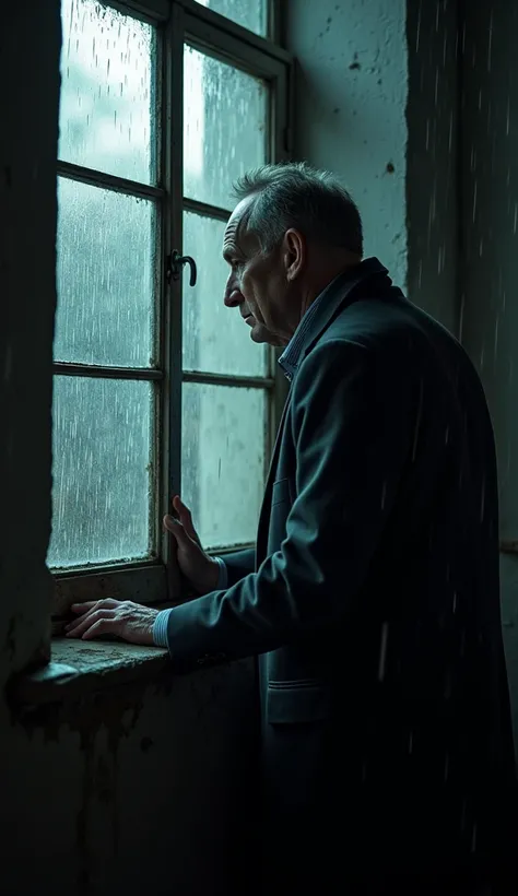 a detective examining a rainy window, realistic, photorealistic, photo-realistic:1.37, masterpiece:1.2, 4k, 8k, highres, best quality, ultra-detailed, extremely detailed, physically-based rendering, vivid colors, cinematic lighting, dramatic lighting, cine...