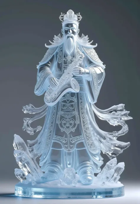 bingdiao,(best quality,4k,8k,highres,masterpiece:1.2),ultra-detailed,(realistic,photorealistic,photo-realistic:1.37),ice and crystal statue,Ancient Chinese soldiers figurine figurine,plays Saxophone,gray background,cape flows,hands on hips,face turned side...