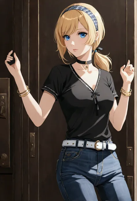 1girl, solo, blue eyes, blonde hair, medium breasts, black choker, (low ponytail:1.2), hairband, bangles, white belt, black shirt, sissy Blakely, short sleeves, jeans, plaid skirt,