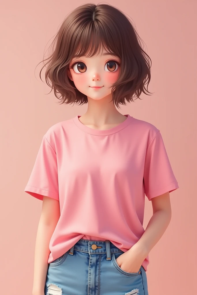 Profile photo of a girl with short brown hair and a pink t-shirt and kawaii jeans 