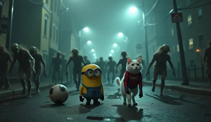 A nervous yellow Minion cautiously walks into a dark, foggy haunted street, following a football. Beside him stands a brave little white cat dressed in a Spider-Man uniform, ready for action. The street is filled with eerie zombies starting to move, surrou...