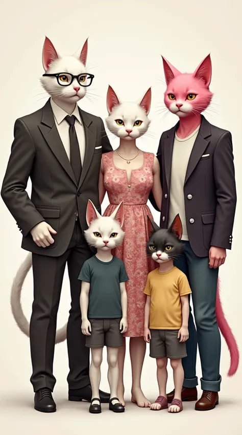 Here’s the updated image prompt:

Prompt: "A family of cat-human hybrids, each with distinct appearances and outfits. The 70-year-old male has white fur and a white cat head, dressed in a tailored suit with glasses, exuding wisdom. The 65-year-old female h...