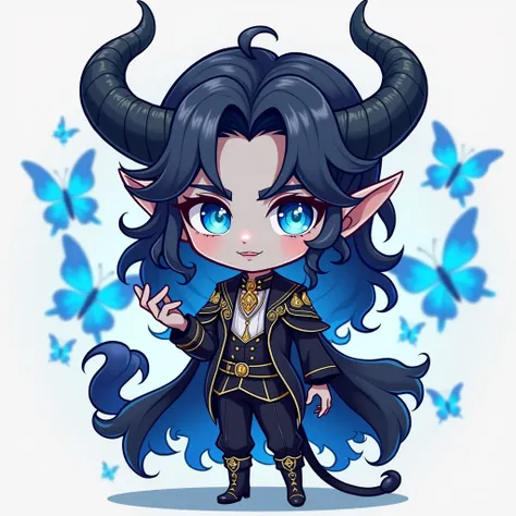 A digital art illustration of a isometric chibi-style male character inspired by classic RPG games, This character has dark blue or gray skin and bright blue eyes, which stand out intensely in his appearance. His hair is long, wavy and dark, falling in vol...