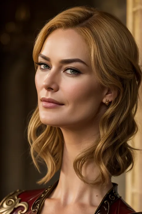 close-up portrait of beautiful 30 year old Cersei Lannister, latex, gorgeous professionally styled hair, evil smirk, looking into camera, hypnotic gaze