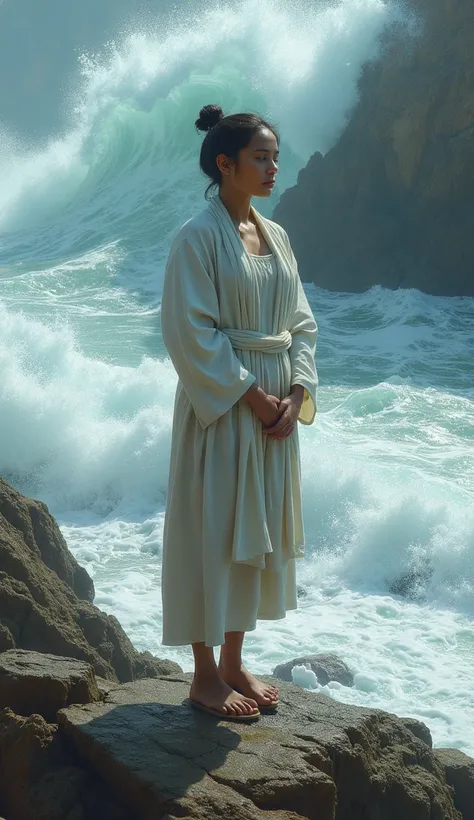 A calm person standing firm on a rocky shoreline as turbulent waves crash around them. Their hands are clasped in front of them, showing restraint and composure amidst chaos.