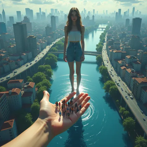 A striking birds eye view scene of a sprawling urban landscape, in which the cityscape is dramatically disrupted by the presence of a colossal woman. She stands with one foot firmly on a busy street, her toes cracking the asphalt, while towering over the c...