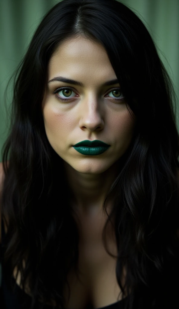  40-year-old woman, black hair, long,  green eyes , focados, green lips, scar. 