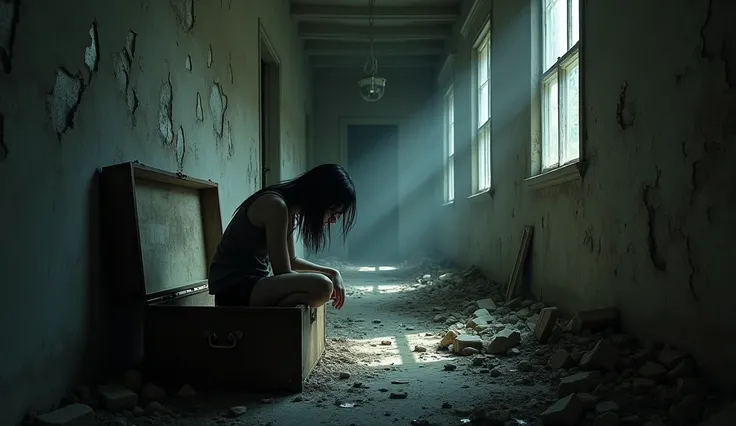 A long, crumbling hallway with peeling walls and broken windows, letting in patches of light that illuminate the rubble-strewn floor. Laura is crouched down, holding an open chest, while looking at a flash drive with an anguished expression.