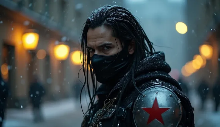  A darkly looking man ,  with long dark hair ,  wearing a black tactical mask covering half of his face .  He has intense and penetrating eyes ,  surrounded by a cold and snowy environment .  The background features a dark street ,  with yellowish lamps so...