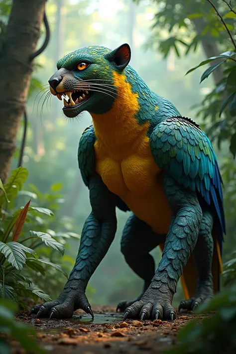  A full body photo,  Bottom view,  of an anthropomorphic bombed onça fused with a arara. realistic image and jungle background 