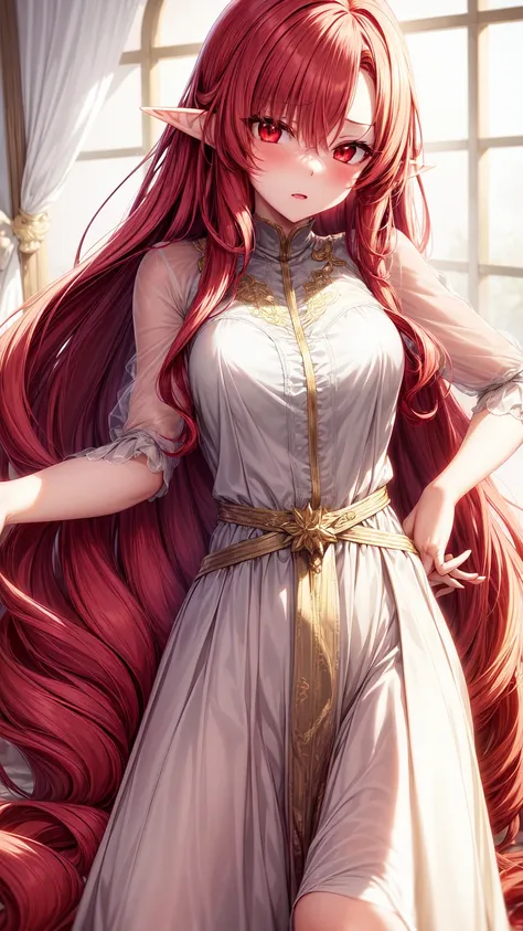  anime girl image,red eyes, red hair,Elf ears,eleven, white dress ,long skirt,Milf,adult woman, long hair , wavy hair,beautiful, seductive face , seductive face ,Dressed like an angel, with gold detail on the waist , with transparent lace sleeves,with gold...