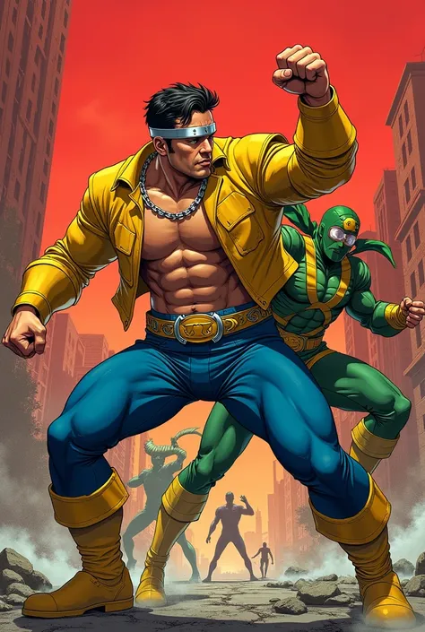 The image features two heroes in action, with a classic comic book style. On the left, we see a muscular character, wearing an open yellow shirt, tight blue pants, and yellow boots. He wears a metal band around his forehead and a chain around his waist, wh...