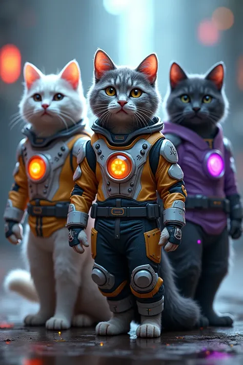 Create a character image of a team of 5 scientist cats, wearing futuristic suits with boots and technological objects. Each character has a unique description as described below: Captain Astro a male cat with a gleaming white color, with a faint blue lumin...