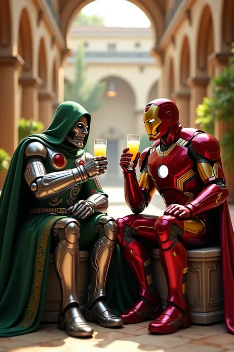 "Robert Downey Jr. portrayed as Doctor Doom and Iron Man sitting together in a vintage palace courtyard. Both characters are sipping lemonade from elegant, vintage glasses, sharing a moment of camaraderie. Doctor Dooms imposing metallic armor is blended wi...