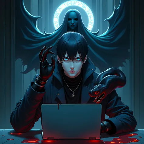 there is a man that is sitting on a table with a laptop, ghost in the shell art style, ghost in the shell style, cyberpunk anime art, ghost in the shell color scheme, ghost in the shell, ghost-in-the-shell, metal gear solid anime cyberpunk, digital cyberpu...