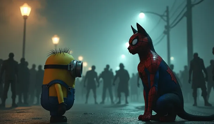 The Minion and Spider-Man cat stand back-to-back as zombies approach. The cat looks heroic, and the Minion appears nervous. Flickering streetlights and thick fog add a tense, eerie vibe.

