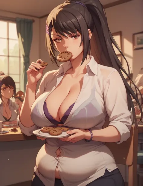 
sae chabashira, long hair, black hair, hair ornament, large breast, brown eyes, ponytail, hairclip,shirt, cleavage, chubby stomach, wide hips, thicc thighs, eating cookies, white dress shirt unbuttoned, bra,