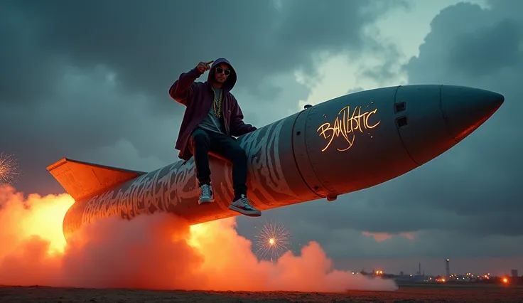 Main Subject:

    A Bangladeshi rapper (real person) sitting confidently on a giant ballistic missile as if riding it.
    The rapper is styled in streetwear: hoodie, chains, sneakers, and sunglasses, exuding a cool and fearless rap persona.
    His pose ...