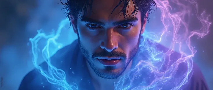 1man with handsome detailed eyes, detailed lips,extremely detailed face and eye,1man with blue and purple powers,fantasy,magic,mystical,magical man,highly detailed,intricate details,vibrant colors,cinematic lighting,dramatic lighting,award winning,concept ...