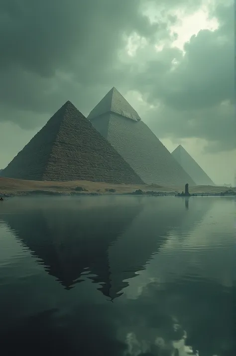 The 3 pyramids of Egypt almost submerged in water on a dark and cloudy day