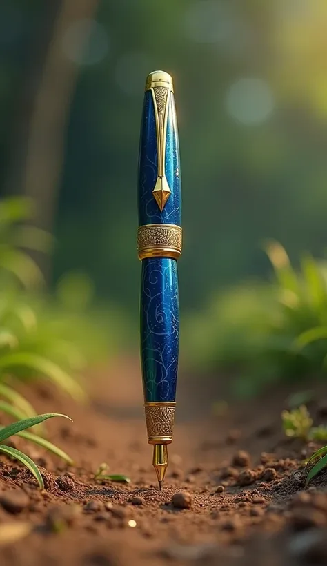 The blue metalic golden nib pen proudly replied, “I write great stories and important messages background is dirt and grass 3D animated images 