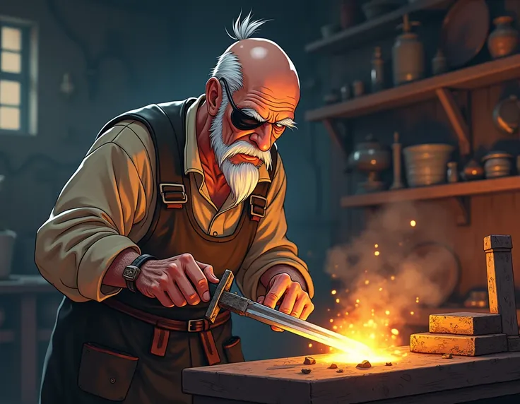 an elderly man in anime style has baldness on his head and has gray hair only on the sides of his head he has long unkempt gray brown eyes, on his left eye he has a black pirate eye patch and he is dressed as a blacksmith he is forging a sword