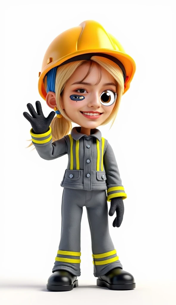 A cartoon-style doll with blonde hair tied in a ponytail secured by a blue hairband. The doll has a wide, cheerful smile, large expressive eyes, and prominent eyelashes. She is dressed in gray workwear with bright reflective yellow and silver stripes on th...