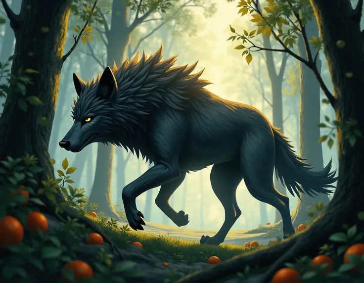 a wolf, drawing style for ren ,  walking in the woods, The smell of tangerines followed 