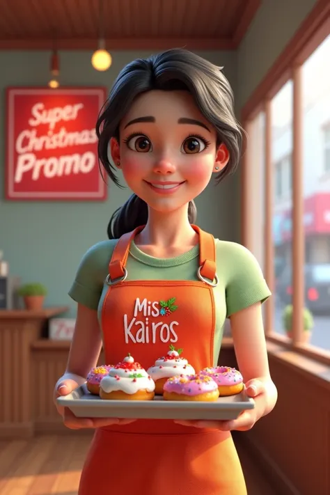  Realistic 3D drawing of a young entrepreneur woman wearing an apron that says miss Kairos donuts and in her hands she carries a tray of mini Christmas donuts, and a sign that says super Christmas promo .