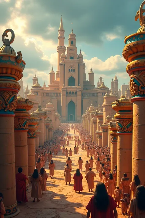 A panoramic view of an ancient city in Israel, depicted in a vibrant Disney Pixar 3D style. The kings palace stands tall in the background, while multiple colorful pagan altars are scattered throughout. Characters with exaggerated expressions of devotion a...