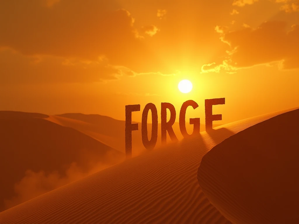  A scene inspired by the movie Dune ,  with a vast golden desert under a hot and dusty sky .  The sun is setting on the horizon ,  creating an intense glow that reflects the word Forge in the air ,  as if it were being engraved in the sand or illuminated b...