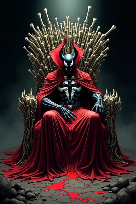 Spawn, comic style, long red cape, sitting on the throne made of bones, 