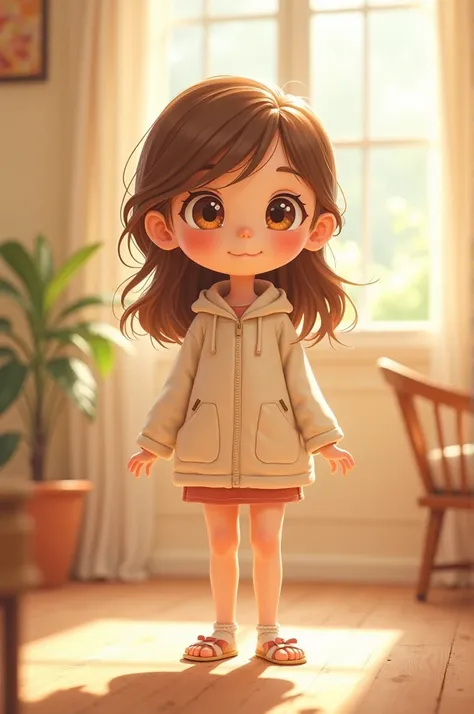  Create an easy-to-draw character with the following characteristics:  light brown eyes , light brown hair and 1 ,65 tall 
